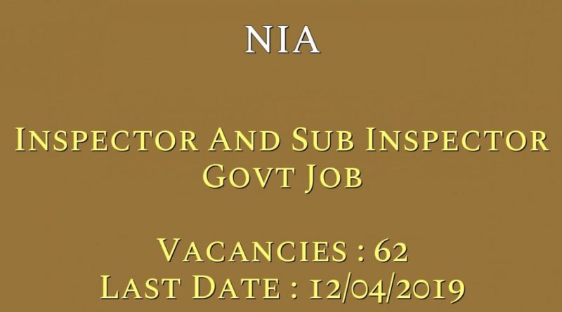 NIA Recruitment For for 62 Inspector and Sub Inspector Posts